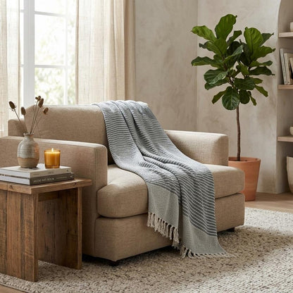 Gray and White Woven Recycled PET Polyester Throw Blanket with Tassels
