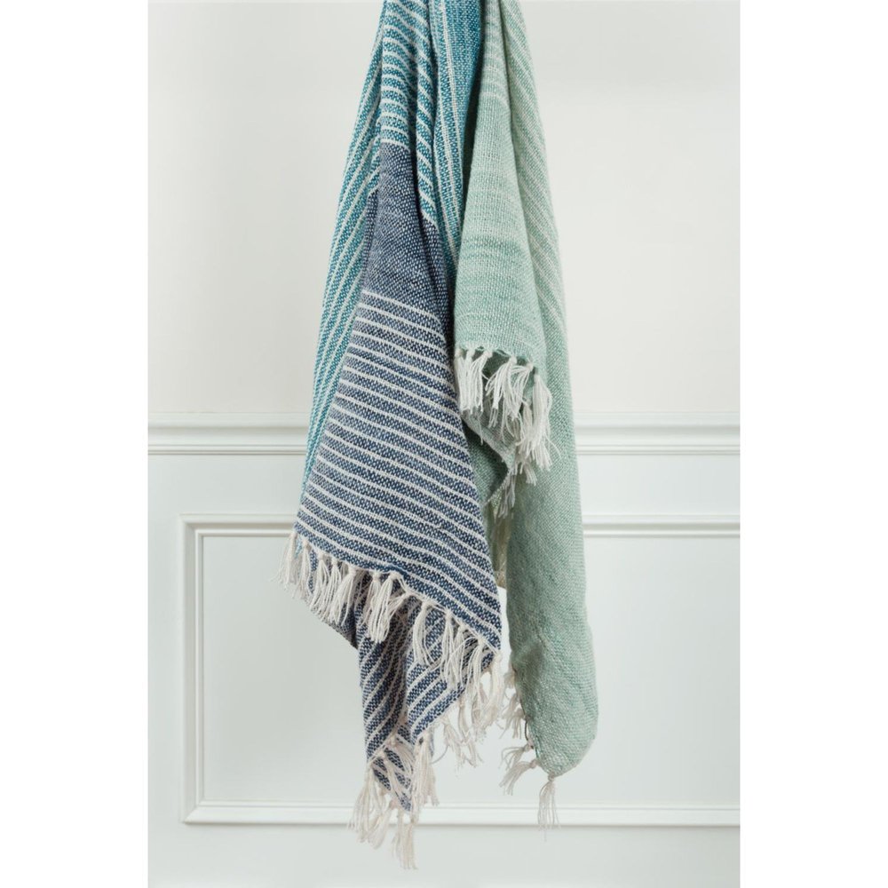 50" X 60" Aqua Blue Teal And Ivory Recycled PET Woven Stripe Throw Blanket with Tassels