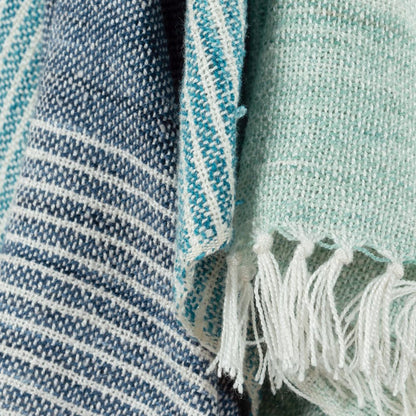 50" X 60" Aqua Blue Teal And Ivory Recycled PET Woven Stripe Throw Blanket with Tassels