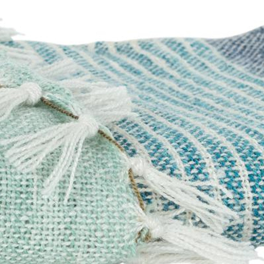 50" X 60" Aqua Blue Teal And Ivory Recycled PET Woven Stripe Throw Blanket with Tassels