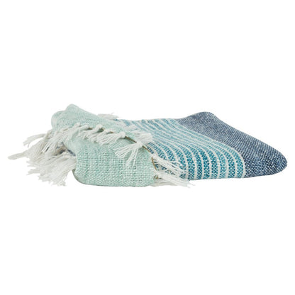 50" X 60" Aqua Blue Teal And Ivory Recycled PET Woven Stripe Throw Blanket with Tassels