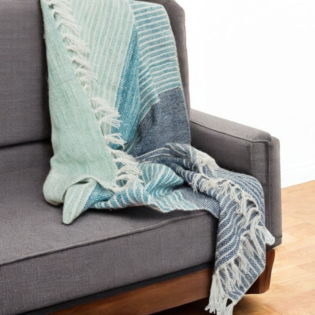 50" X 60" Aqua Blue Teal And Ivory Recycled PET Woven Stripe Throw Blanket with Tassels