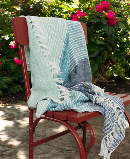 50" X 60" Aqua Blue Teal And Ivory Recycled PET Woven Stripe Throw Blanket with Tassels