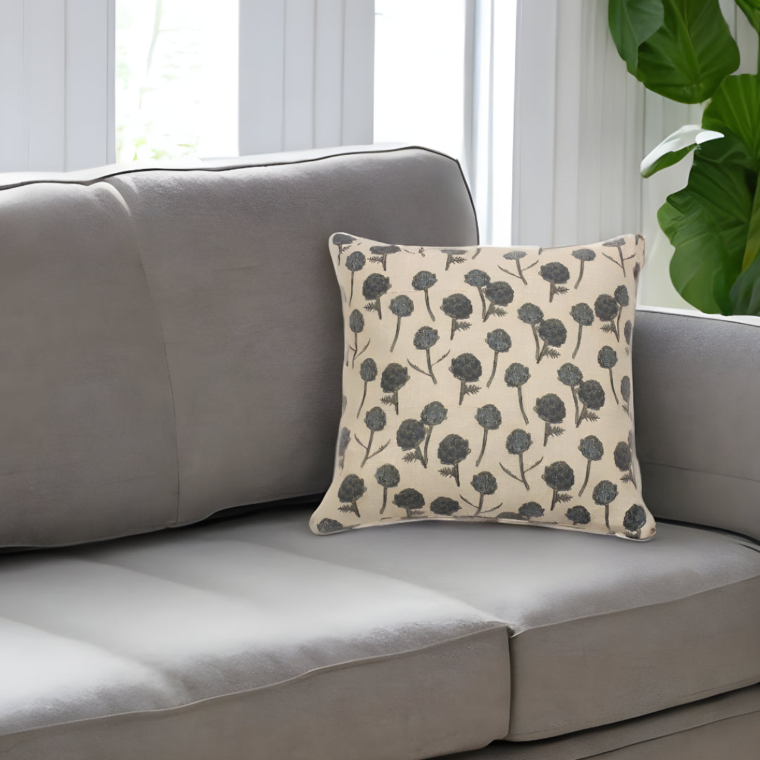 Set of Two 18" Beige and Blue Artichoke Cotton Throw Pillow