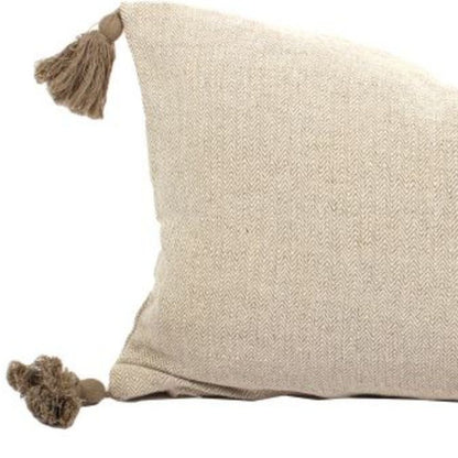 Set of Two 16" X 35" Taupe Herringbone Cotton Throw Pillow With Tassels