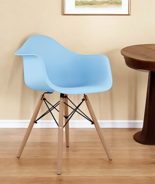 Blue And Natural Heavy Duty Plastic And Solid Wood Dining Arm Chair