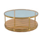 43" Clear Gold And Brown Glass Wood and Metal Round Coffee Table With Shelf