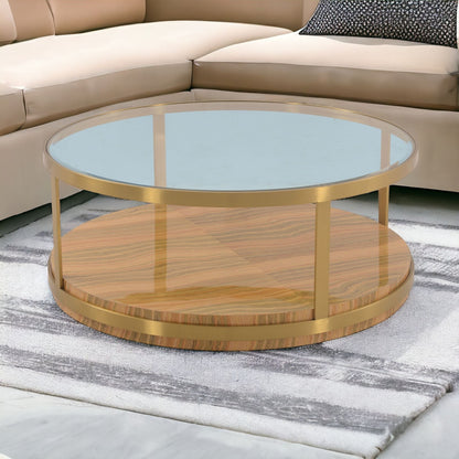 43" Clear Gold And Brown Glass Wood and Metal Round Coffee Table With Shelf