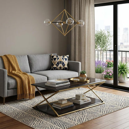 51" Dark Brown And Gold Metal Coffee Table With Shelf