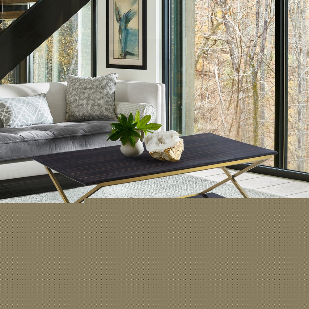51" Dark Brown And Gold Metal Coffee Table With Shelf
