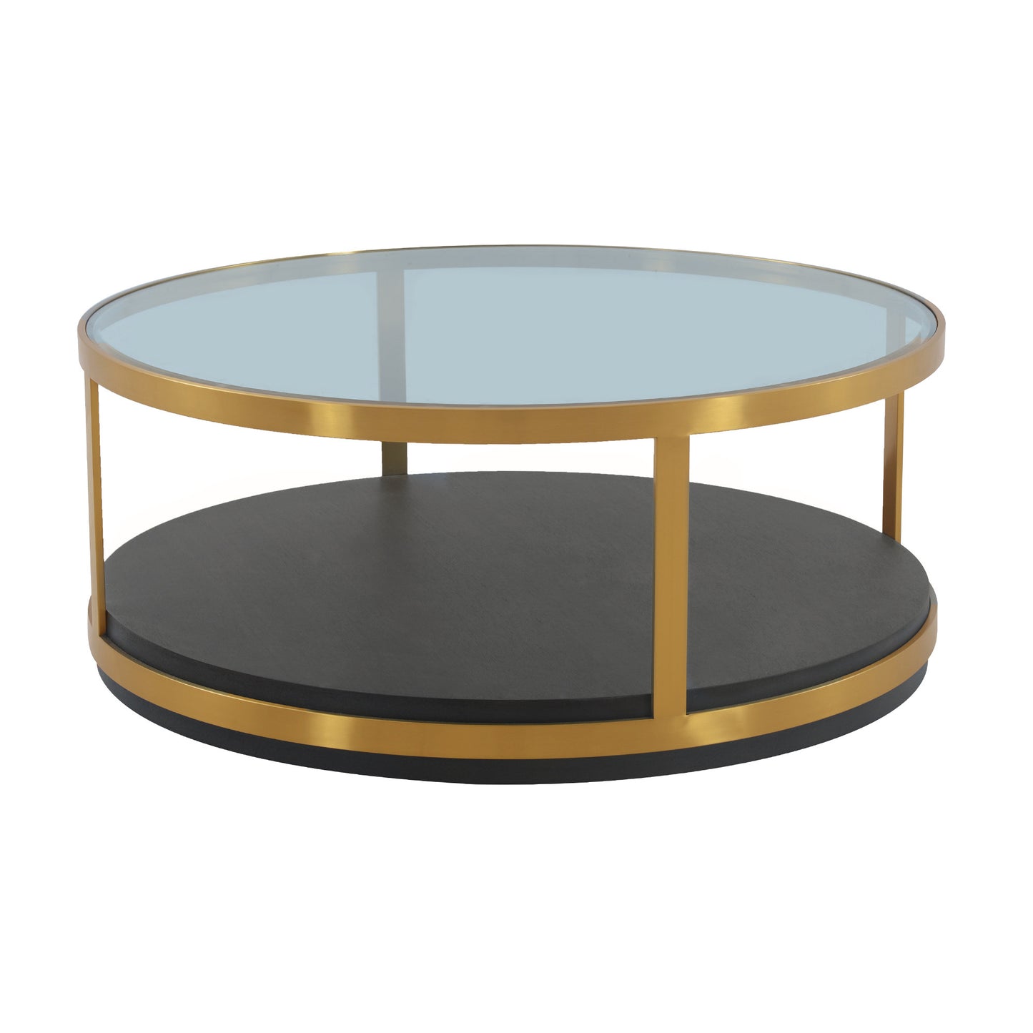 43" Clear Black And Gold Glass Wood And Metal Round Coffee Table With Shelf