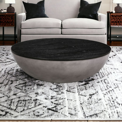 48" Black And Gray Solid Wood And Concrete Round Coffee Table