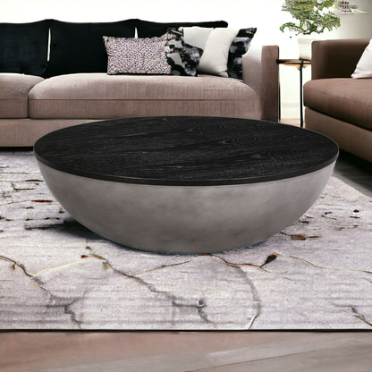 48" Black And Gray Solid Wood And Concrete Round Coffee Table