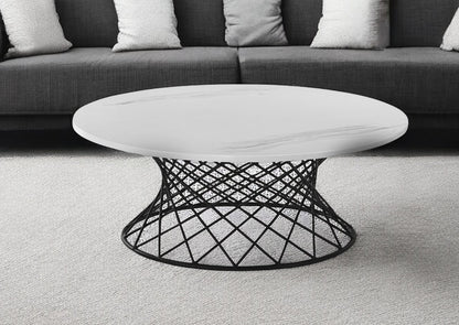 36" White And Black Genuine Marble And Metal Round Coffee Table