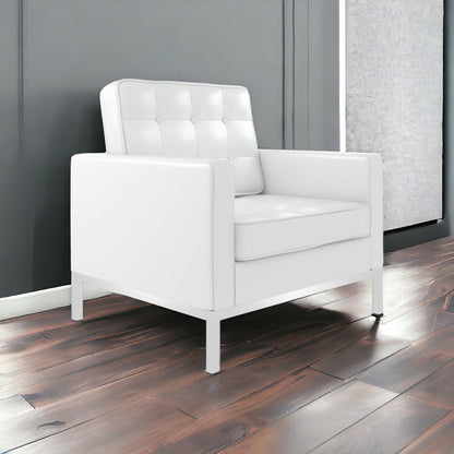31" White and Silver Italian Leather Tufted Club Chair