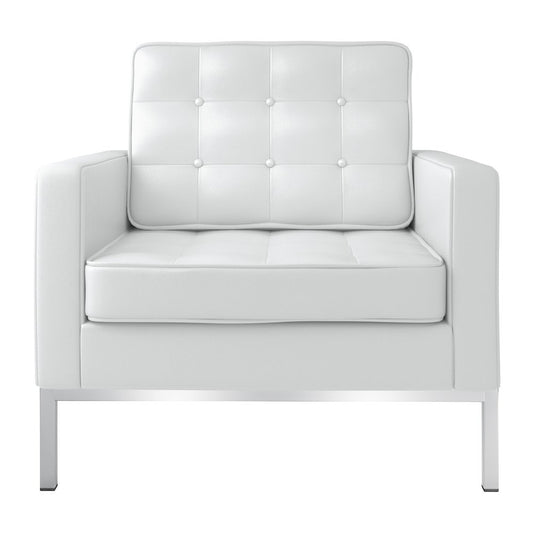 31" White and Silver Italian Leather Tufted Club Chair