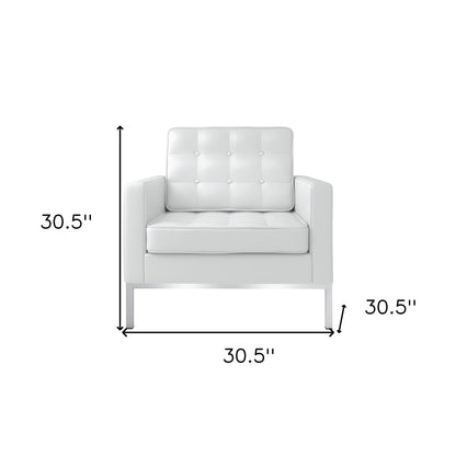 31" White And Silver Italian Leather Tufted Arm Chair