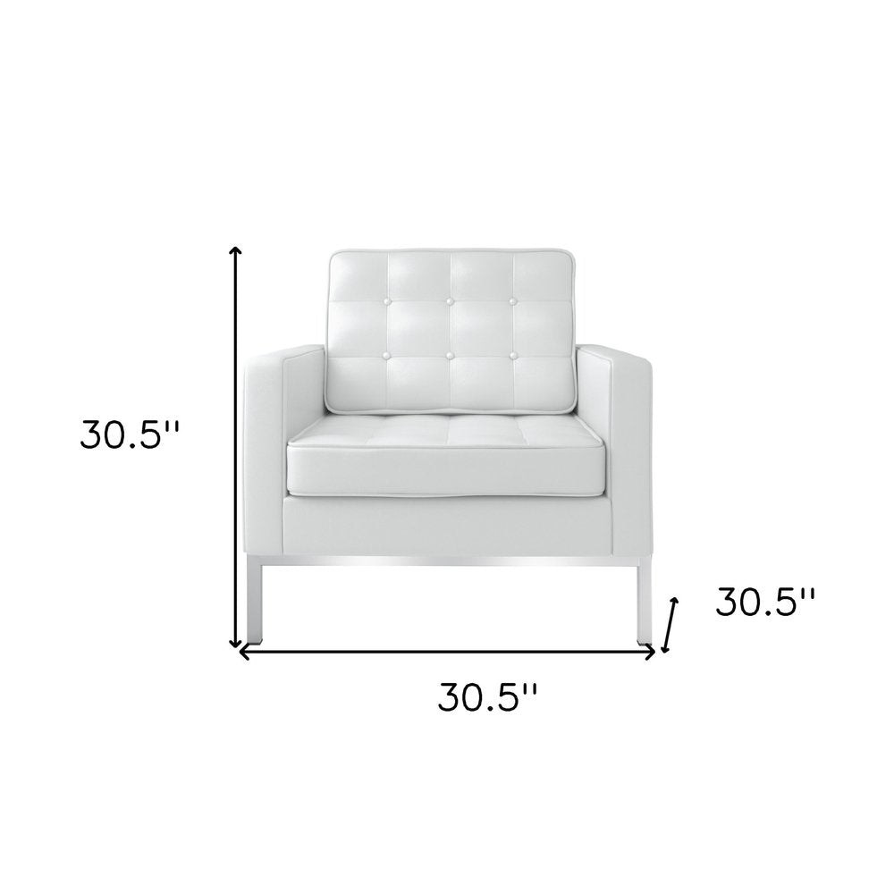31" White and Silver Italian Leather Tufted Club Chair