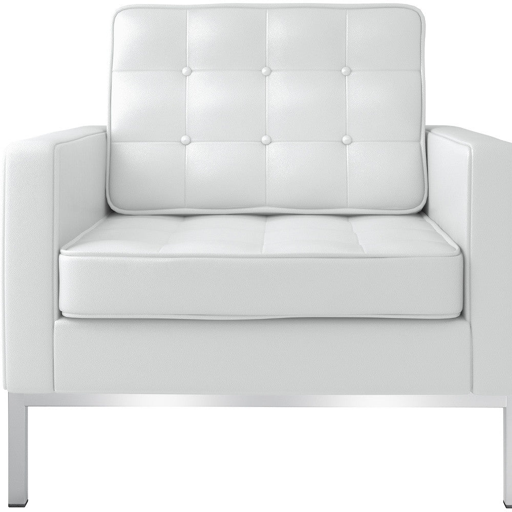 31" White And Silver Italian Leather Tufted Arm Chair