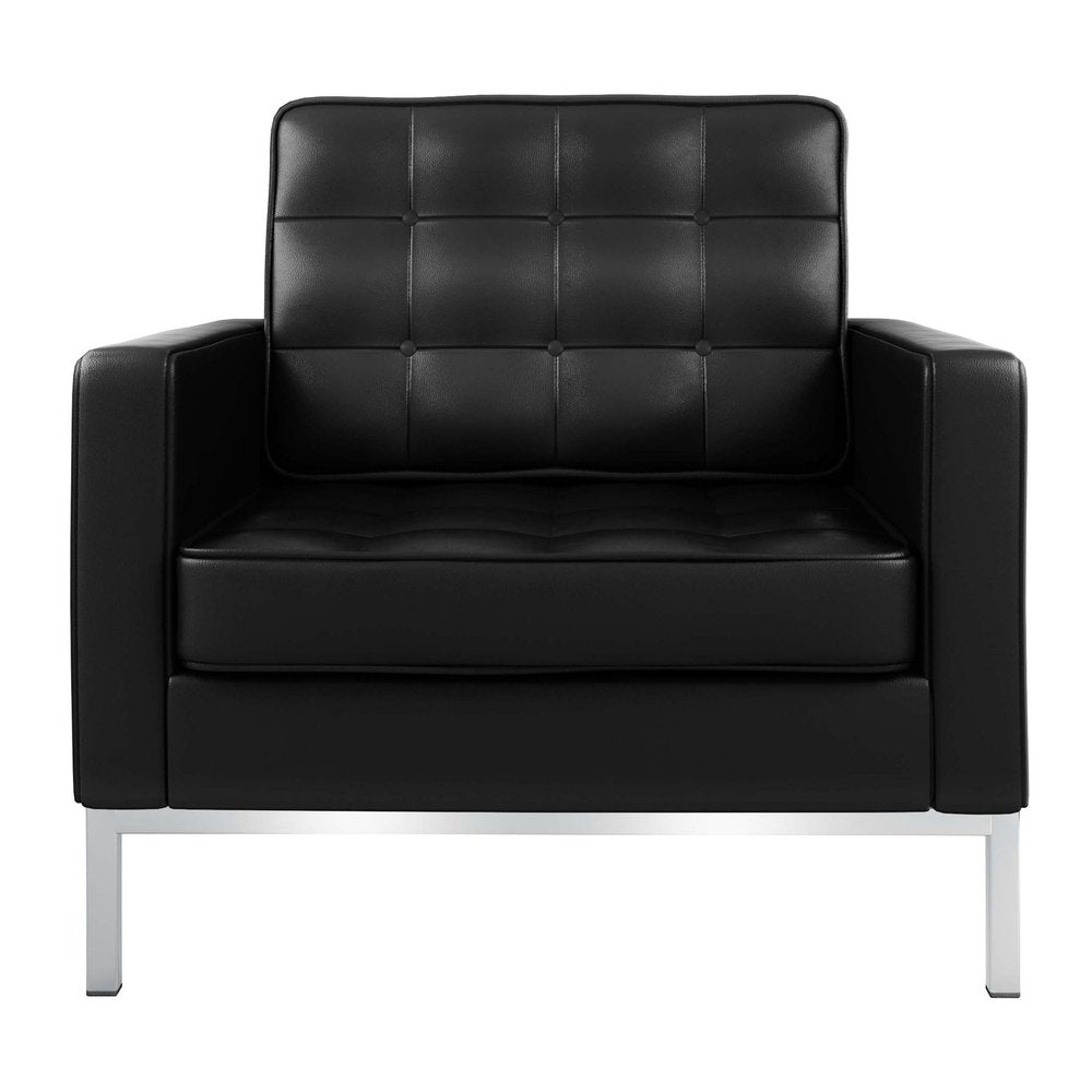 31" Black and Silver Italian Leather Tufted Club Chair