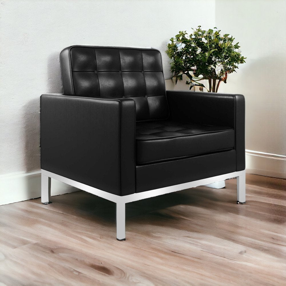 31" Black and Silver Italian Leather Tufted Club Chair