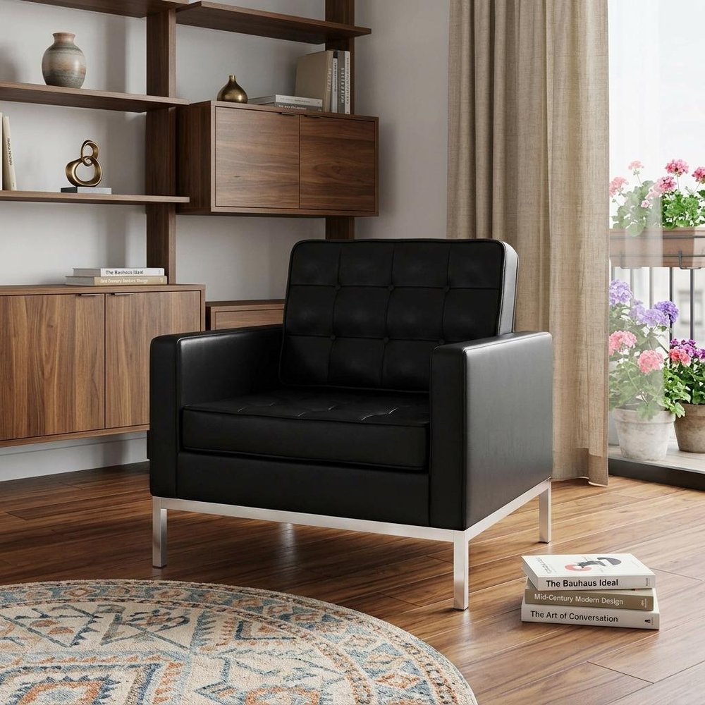 31" Black and Silver Italian Leather Tufted Club Chair