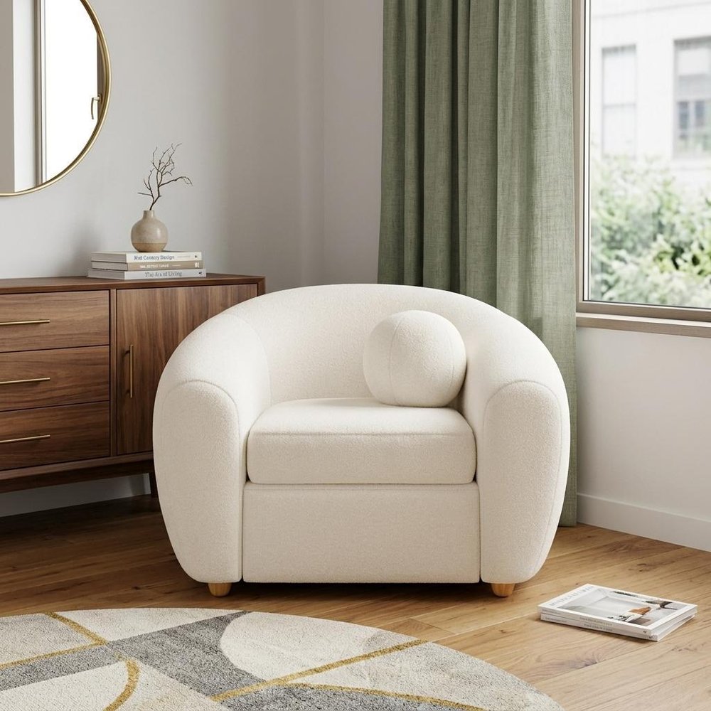 39" White and Natural Boucle Arm Chair