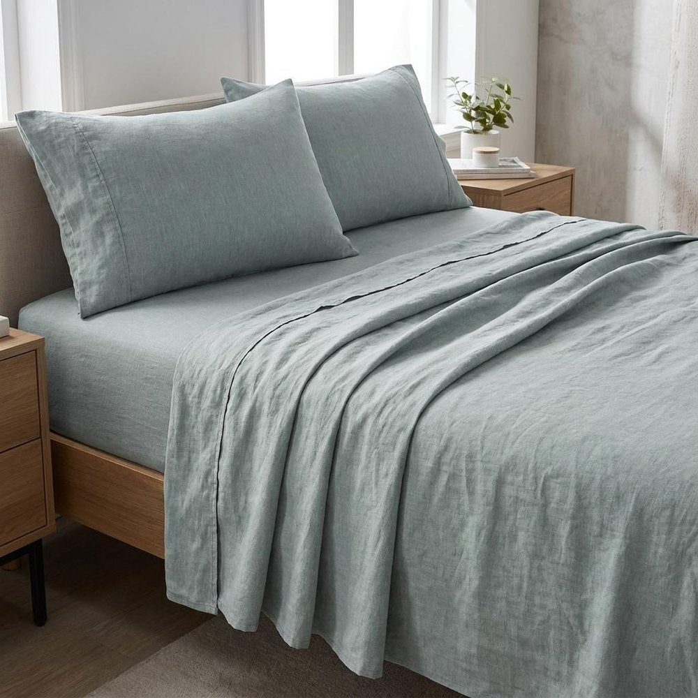 Four Piece Blue Linen California King Sheet Set