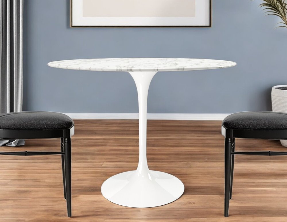 40" White Rounded Stone And Metal Pedestal Base Dining Table