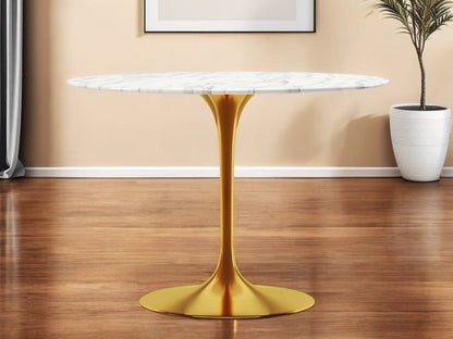 40" White And Gold Rounded Marble And Metal Pedestal Base Dining Table