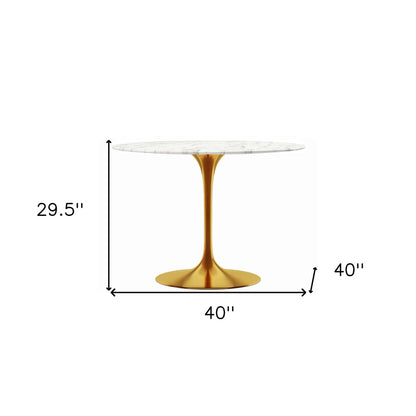 40" White And Gold Rounded Marble And Metal Pedestal Base Dining Table