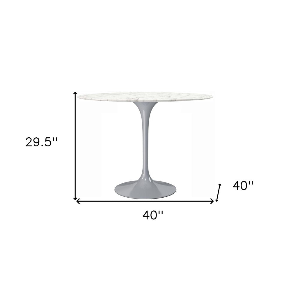 40" White And Gray Rounded Marble And Metal Pedestal Base Dining Table
