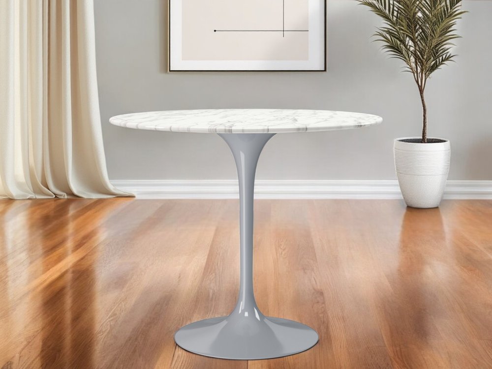 40" White And Gray Rounded Marble And Metal Pedestal Base Dining Table