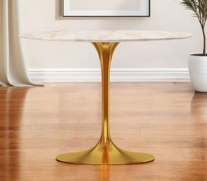 40" White And Gold Rounded Stone And Metal Pedestal Base Dining Table