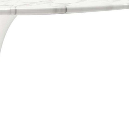 32" White Rounded Marble And Metal Pedestal Base Dining Table