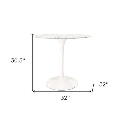 32" White Rounded Marble And Metal Pedestal Base Dining Table