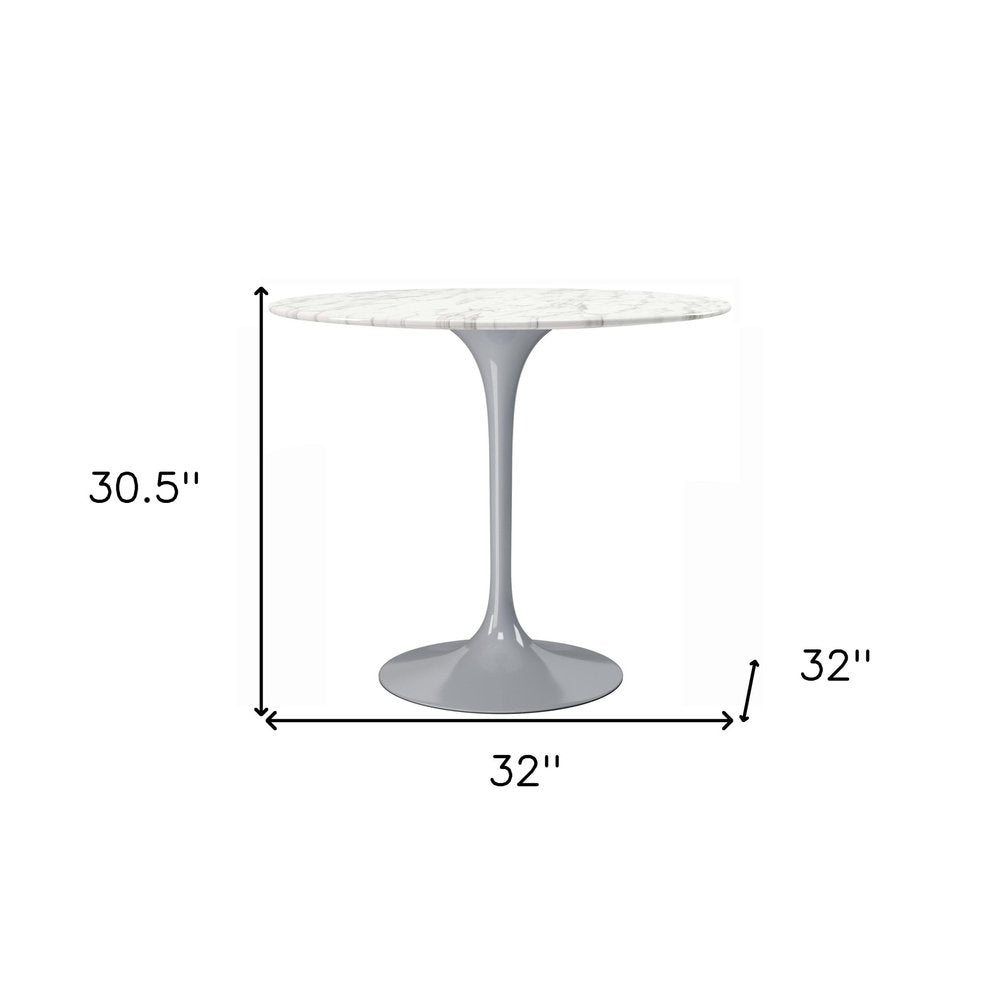 32" White And Gray Rounded Stone And Metal Pedestal Base Dining Table