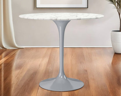 32" White And Gray Rounded Stone And Metal Pedestal Base Dining Table