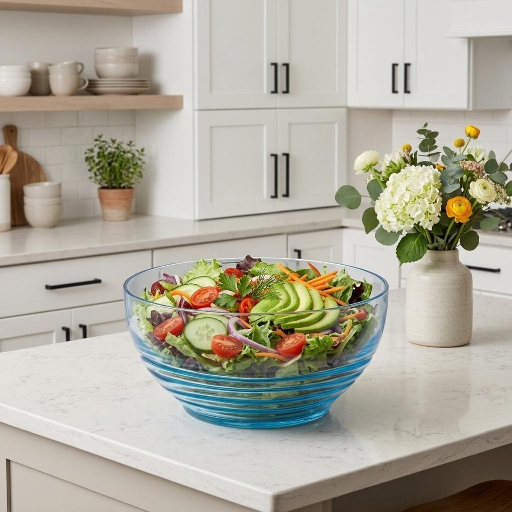 10" Clear and Blue Swirl Acrylic Round Salad Bowl
