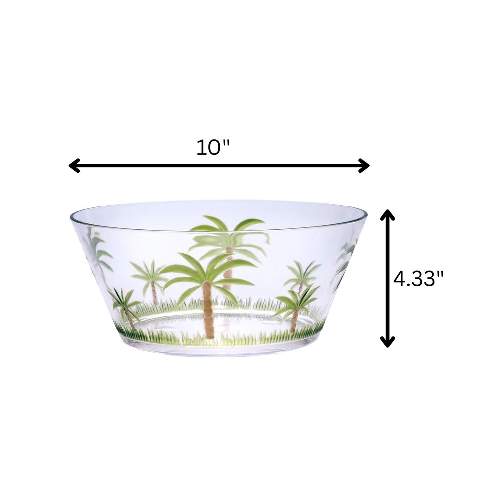 10" Clear and Green Palm Tree Acrylic Round Salad Bowl