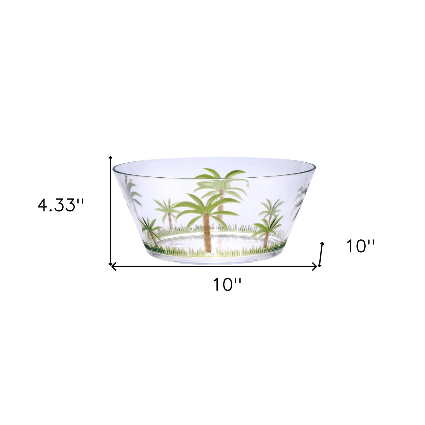 10" Clear and Green Palm Tree Acrylic Round Salad Bowl