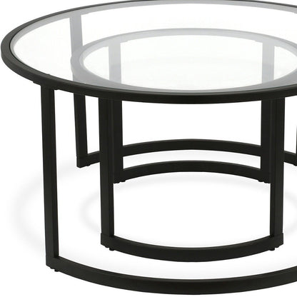 Set of Two Black Glass And Steel Round Sled Nested Coffee Tables