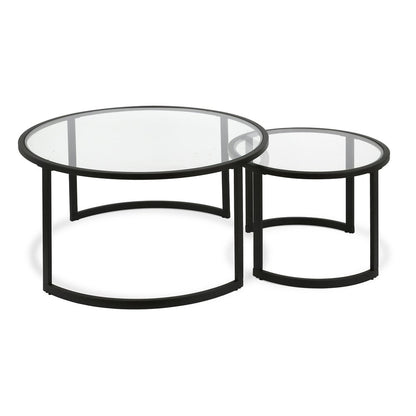 Set of Two Black Glass And Steel Round Sled Nested Coffee Tables
