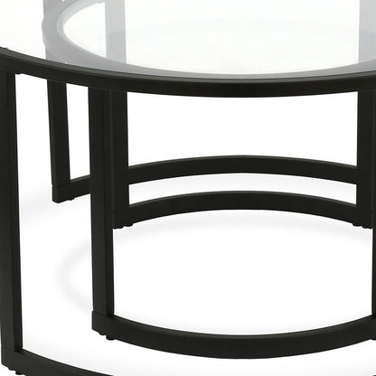 Set of Two Black Glass And Steel Round Sled Nested Coffee Tables