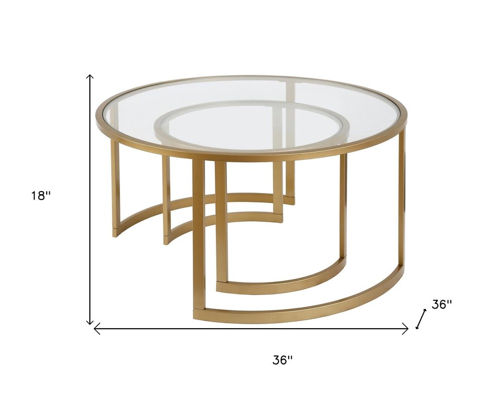 Set of Two Gold Glass And Steel Round Sled Nested Coffee Tables