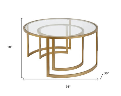 Set of Two Gold Glass And Steel Round Sled Nested Coffee Tables