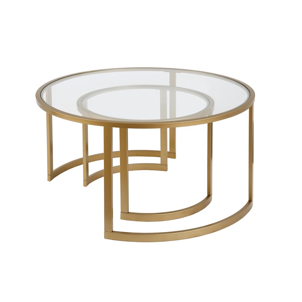 Set of Two Gold Glass And Steel Round Sled Nested Coffee Tables