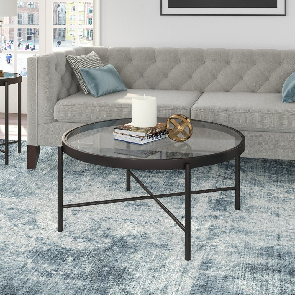 36" Black Glass And Steel Round Coffee Table