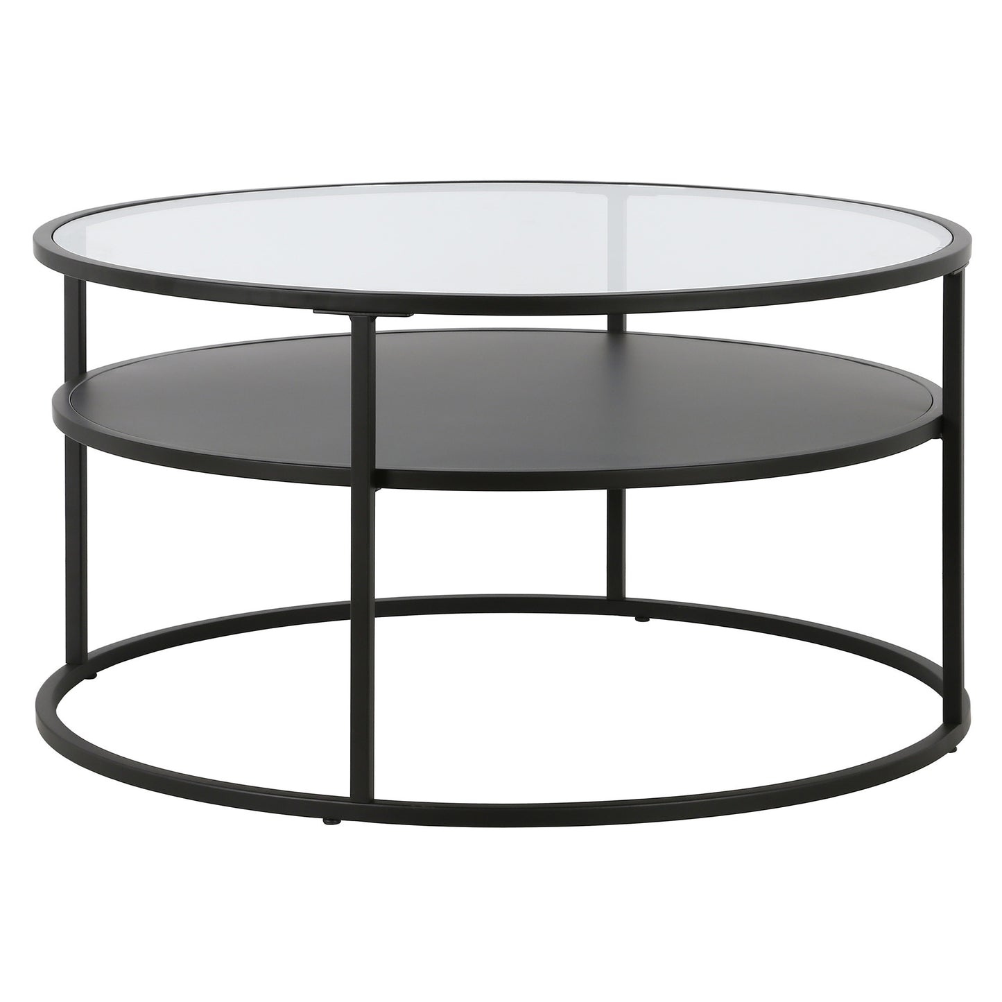 32" Black Glass And Steel Round Coffee Table With Shelf