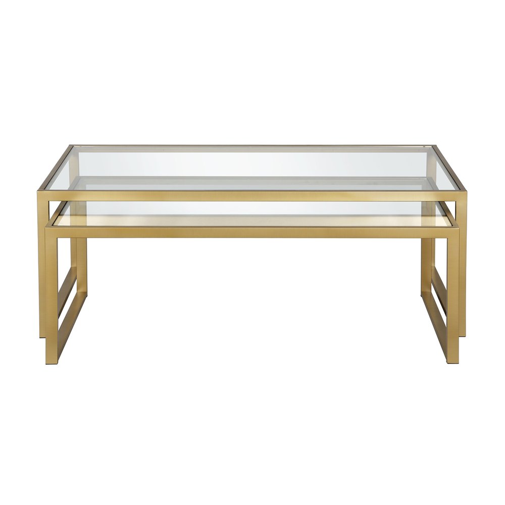 Set of Two Gold Glass And Steel Sled Nested Coffee Tables